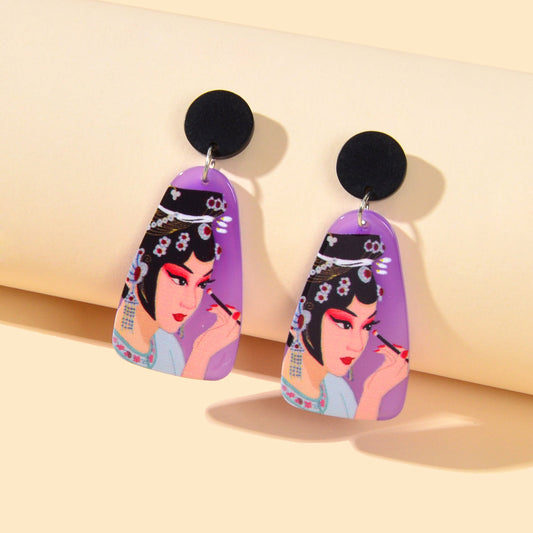 Chinese Style Jewellery Purple Peking Opera Figure Pattern Resin Dangle Earrings-0