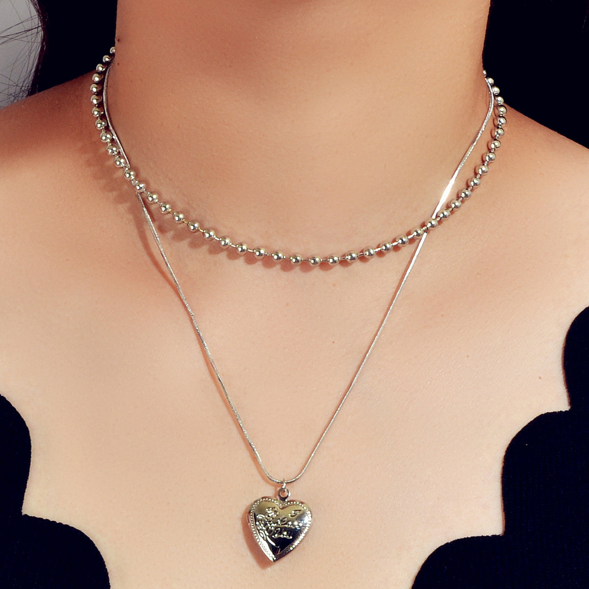 Female Jewellery Double layer Silver Multiple Popcorn Chain Heart Charm Necklace-0