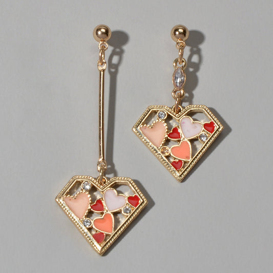 Valentine's Day Gift Rhinestone Decor Multi-colored Heart Asymmetric Earrings-0