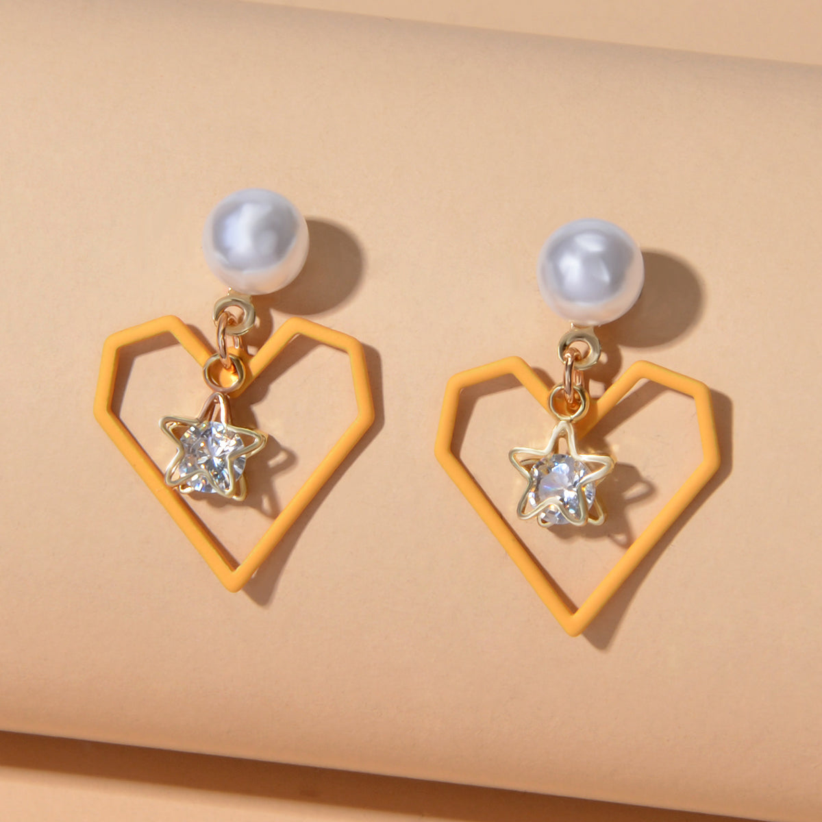 Love Gift for Women Girls Rhinestone Pearl Decor Gold Star Heart Dangle Earrings-5