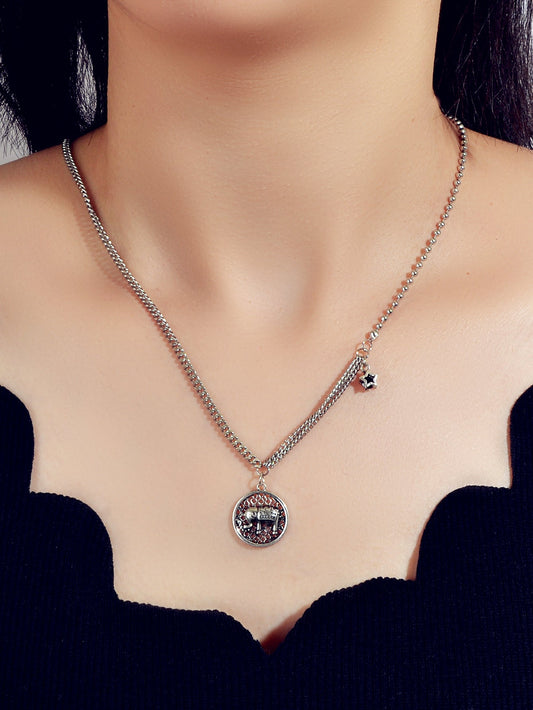 Intricate Antique Silver Multiple Chain Star Elephant Hollow Round Necklace Gift-0