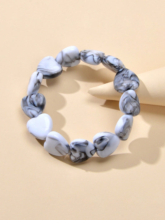 Boho Retro Jewellery Green Grey Resin Heart Beads Elastic Strand Bracelet Bangle-0