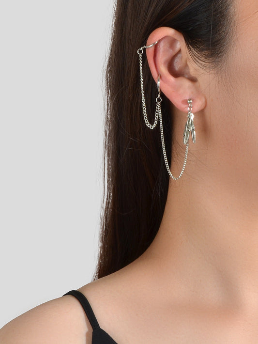 Cartilage Jewellery 1pc Tribal Antique Feather Long Chain Ear Cuff Stud Earrings-0