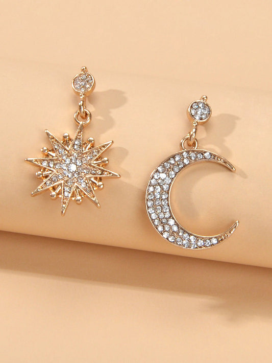 Asymmetric Luxurious Full Rhinestone Star Moon Dangle Earrings Party Jewellery-0
