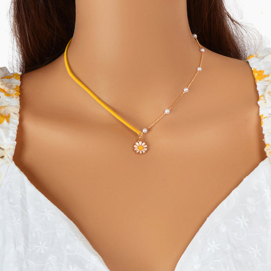 Boho Yellow Pearl Decoration Multiple Chain Exquisite Flower Pendant Necklace-0
