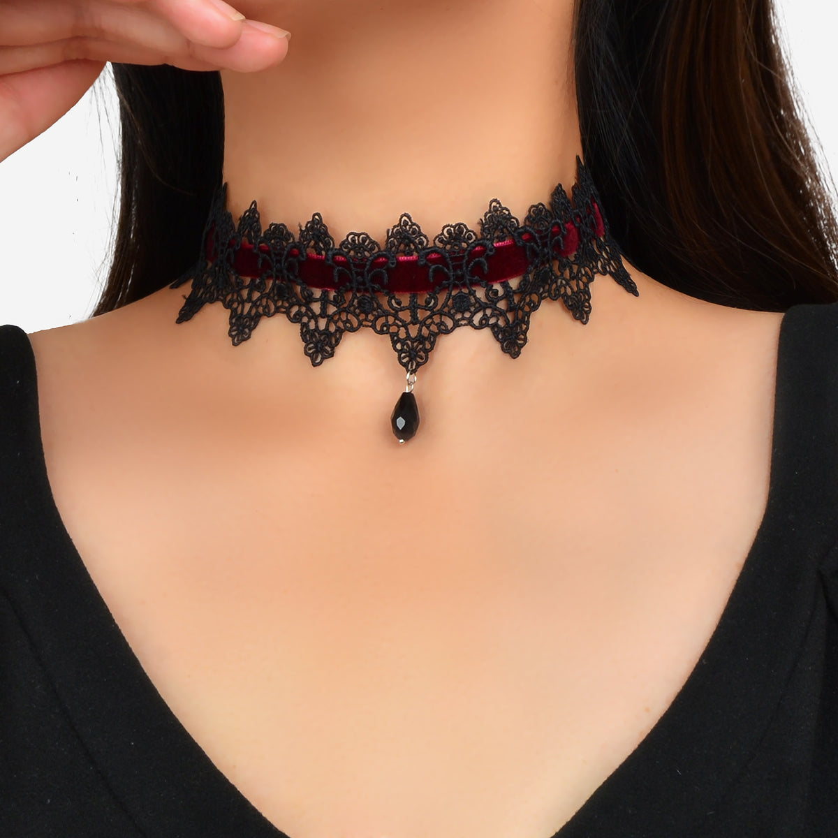 Gothic Black Lace Winered Velvet Tattoo Choker Water Drop Charm Retro Necklace-0