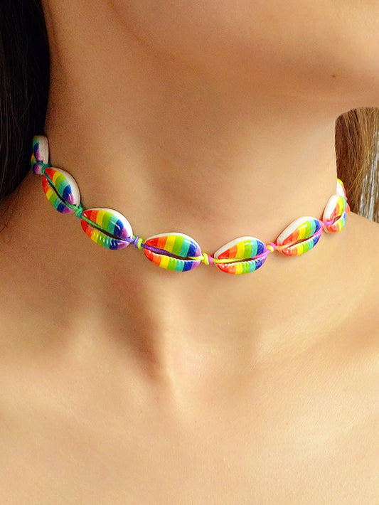 Boho Beach Jewelry Candy Color Enamel Shell Adjustable Braided Holiday Necklace-0