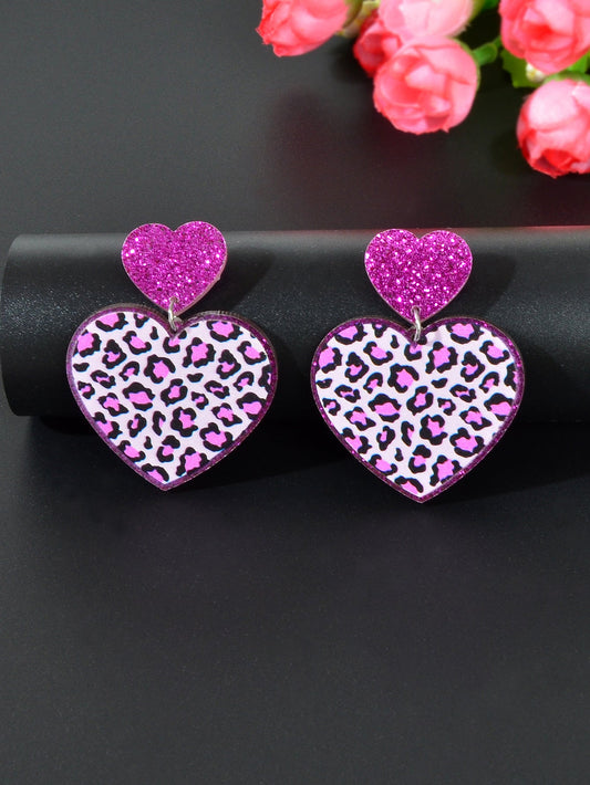 Colourful Leopard Print Heart Pendant Earrings Wild Style Statement Jewellery-1