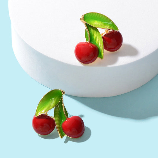 Exquisite Green Leaf Red Cherry Cute Stud Earrings Ladies Fruit Jewellery Gift-0