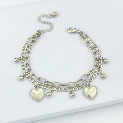 Ladies Jewellery Double layer Gold Silver Paperclip Chain Beads Heart Bracelet-5