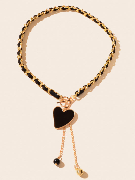 Designer Stylish Heart Charm Ball Pendant Tassel Braided Long Necklace for Party-1