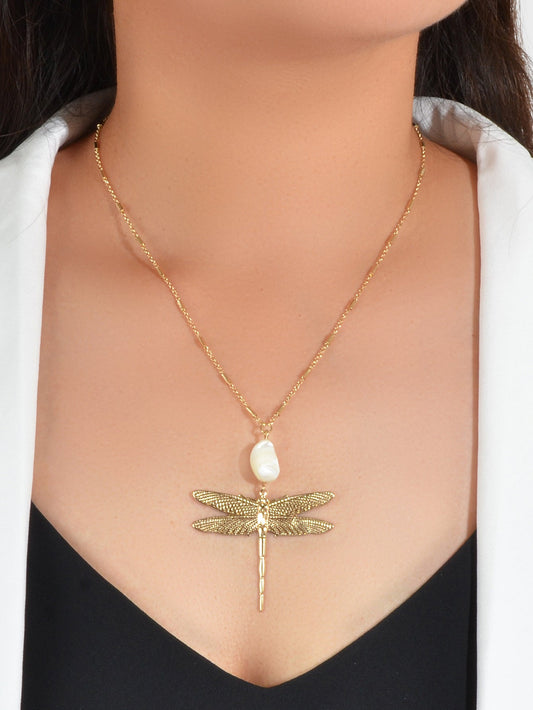 Boho Chic Style Long Chain Shell Dragonfly Charm Trendy Necklace Ladies Jewelry-0