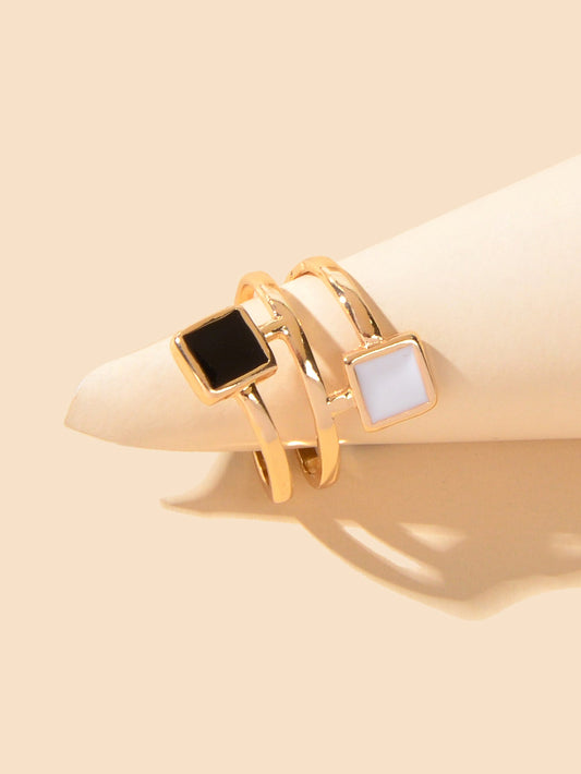 Party Daily Jewelry Band for Women Black White Enamel Square Hollow Gold Ring-0
