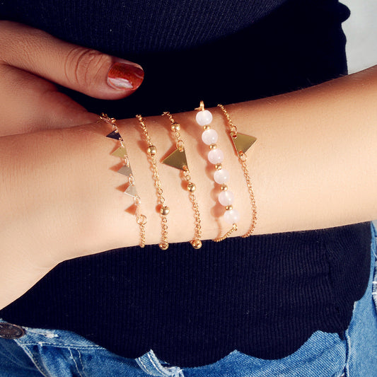 5pcs Gold Color Chain Pink Beads Triangle Decor Bracelet set Boho Chic Jewellery-0