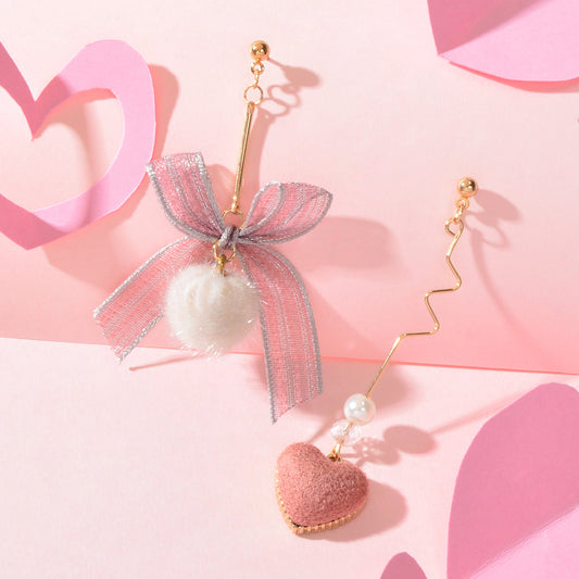Valentine's Day Gift Bow Tie Pink Heart White Pom Pom Ball Asymmetrical Earrings-0