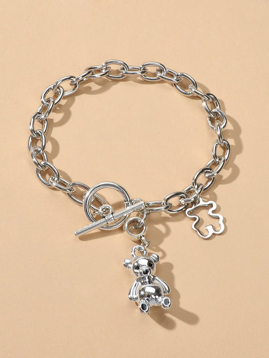 Designer Silver Bear Charm Dainty Cuban Chunky Link Paperclip Chain Bracelets-0