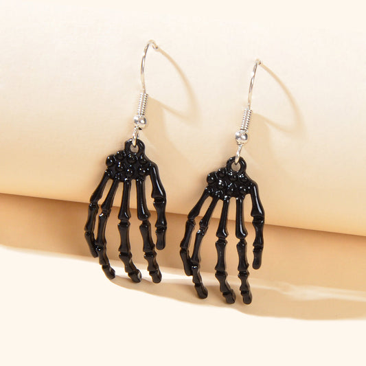 Punk Style Gothic Halloween Black Hand Skeleton Bone Men Women Dangle Earrings-0