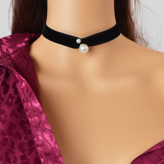 Retro Pearl Decor Black Velvet Short Tattoo Choker Collar Women Dinner Necklace-0