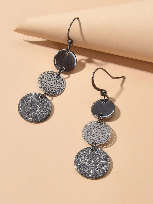 3 Tier Drop Dangle Geometric Shiny Round Disc Earrings Circle Coin Ear Jewellery-1