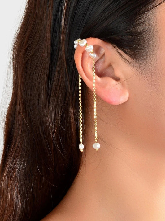 1 pc Fashion Pearl Long Gold Chain Ear Cuff Cartilage Dangle Earrings Accessory-0