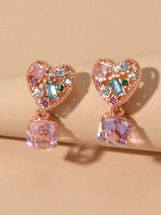 Sweet Textured Shining Crystal Decor Pink Heart Drop Earrings Women Girls Gifts-0