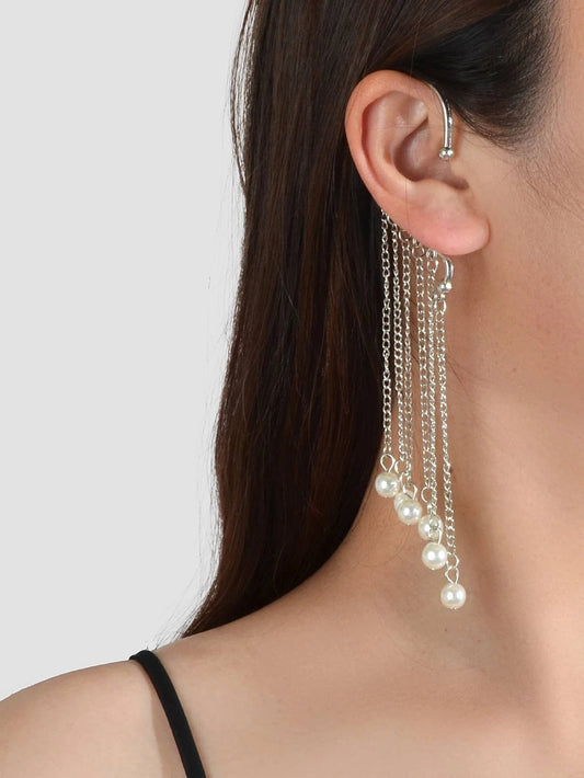 1 pc Fashion Pearl Silver Long Chain Tassel Big Ear Cuff Statement Earrings-0