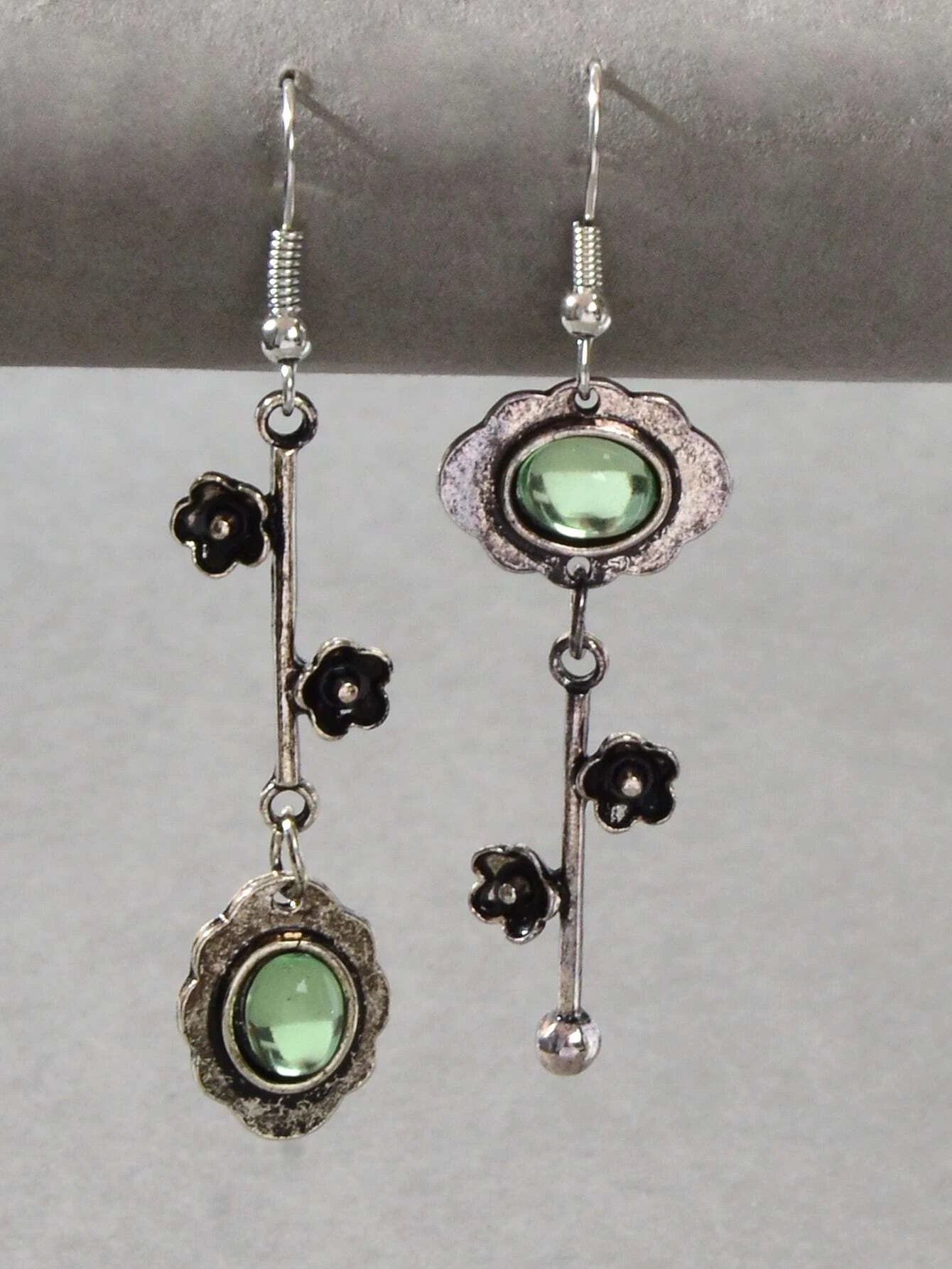 Green Blue Crystal Antique Silver Retro Flower Asymmetric Earrings Vintage Gift-0