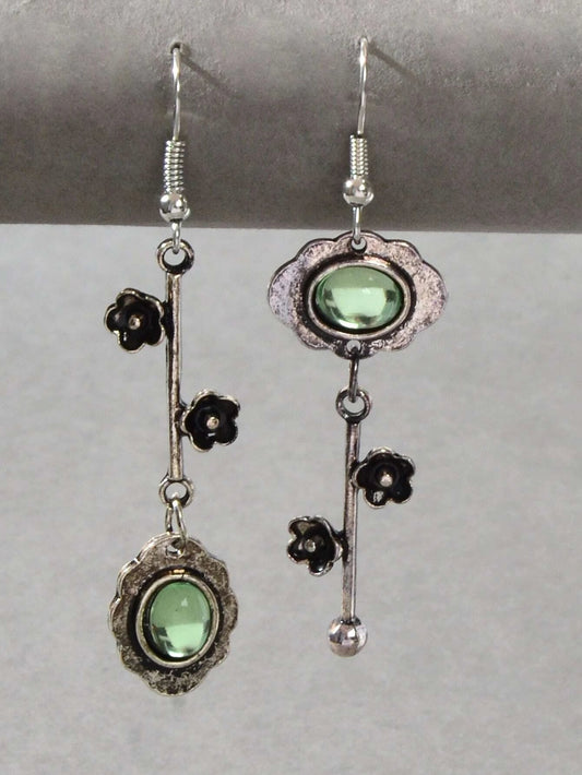 Green Blue Crystal Antique Silver Retro Flower Asymmetric Earrings Vintage Gift-0