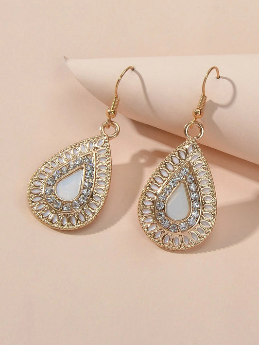 Rhinestone Decor White Crystal Water Drop Dangle Earrings Bohemian Accessories-0