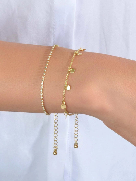 2pcs Women Rhinestone Gold Silver Chain Disc Charm Bracelet Fashion Accessories-0