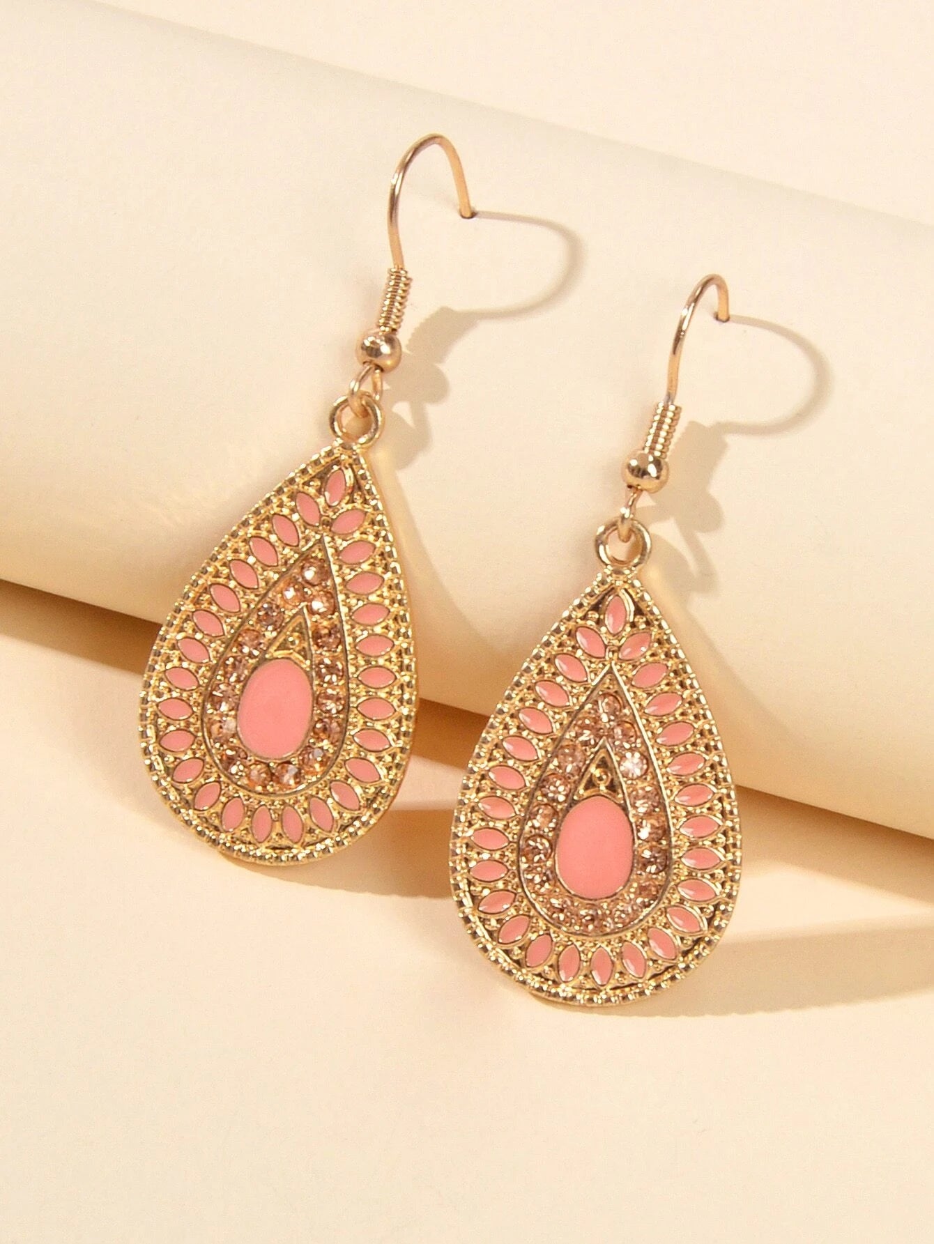 Rhinestone Pink Enamel Water Drop Earrings Teardrop Crystal Dangle Hook Ear Stud-0
