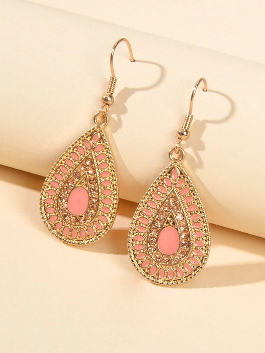 Rhinestone Pink Enamel Water Drop Earrings Teardrop Crystal Dangle Hook Ear Stud-0
