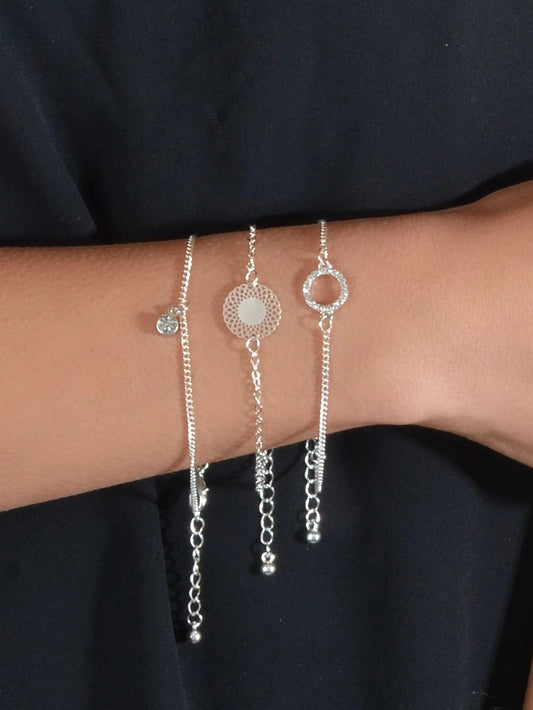 3 pcs/set Fashion Jewellery Silver Chain Rhinestone Circle Charm Bracelet Gift-0
