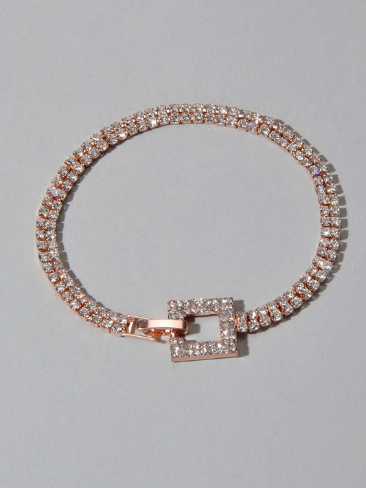 Textured Jewelry Full Rhinestone Rosegold Geometric Chain Women Tennis Bracelet-0