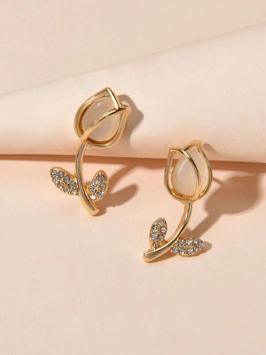 Gold Tone Fancy Gorgeous Crystal Stud Lovely Floral Earrings Party Gift Jewelry-0