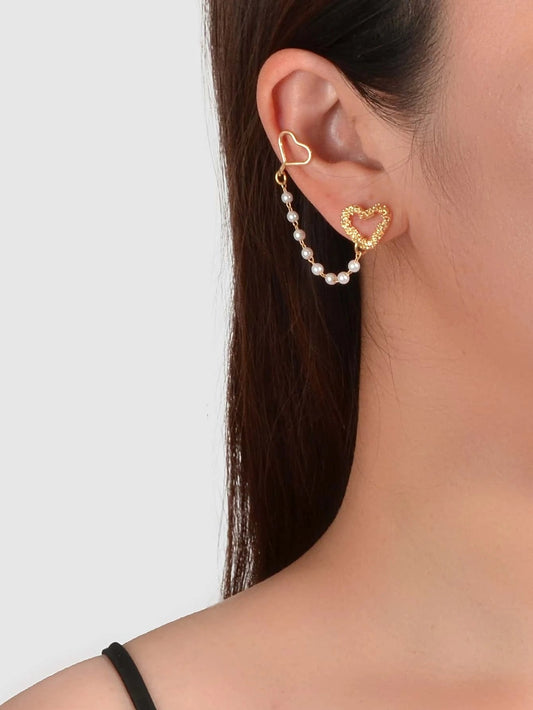 1pc Designer Jewelry Ear Cuff Pearl Gold Chain Heart Love Stud Cartilage Earring-0