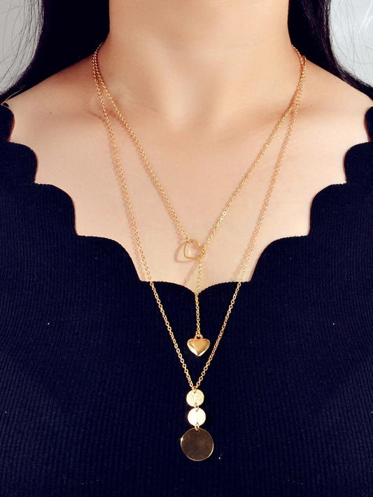 2 pcs Gold Chain Round Disc Love Heart Pendant Necklace Double Collar Women Gift-0