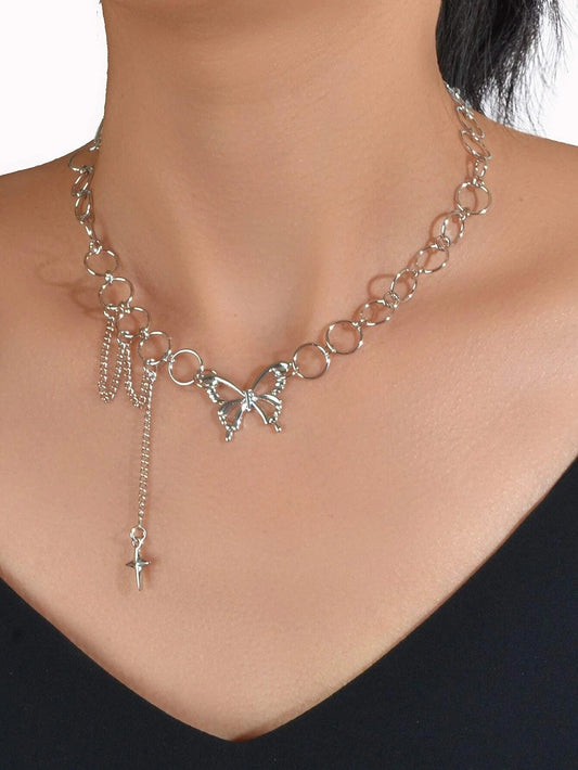 Silver Chain Star Butterfly Fringe Necklace Tassel Collar Accessories Jewellery-0