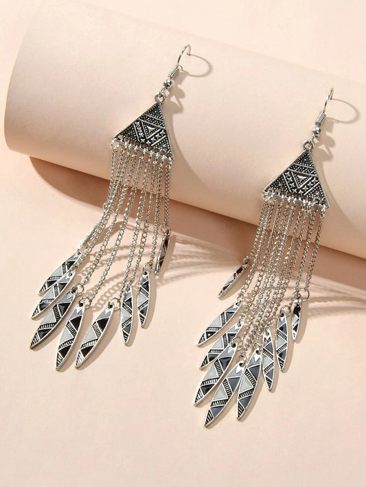 Tribal Ethnic Antique Silver Chain Tassel Geometric Charm Bohemian Earrings Gift-0