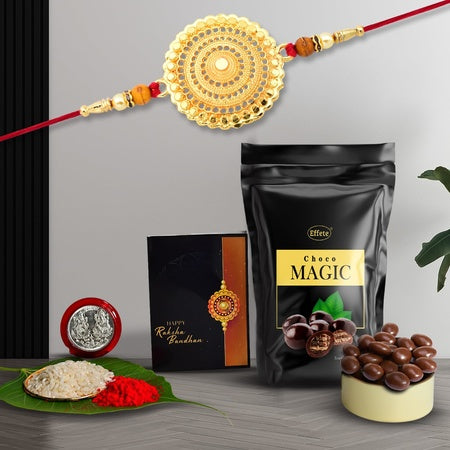 Rakhi For Brother Set Of 1 With Choco Magic Pooja Coin With Greating Cardrakhi For Kids Rakhi With Sweets (K1_402_sm)