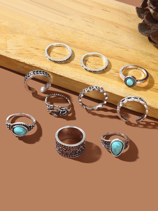 10 pcs Bohemian Antique Silver Turquoise Carved Flower Multiple Midi Rings Set-1