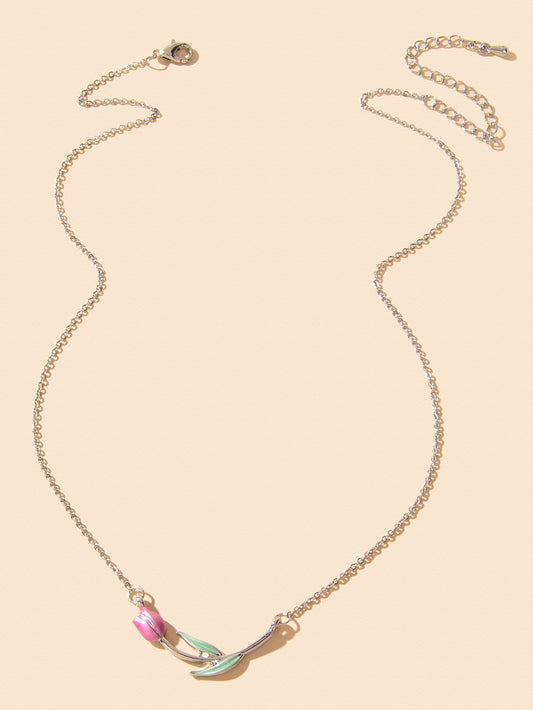 Elegant Silver Chain Green Leaf Pink Tulip Flower Pendant Anniversary Necklace-1