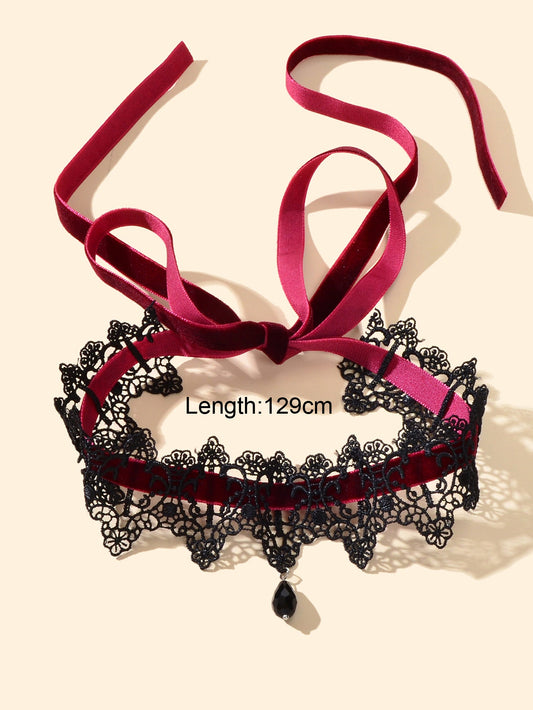 Gothic Black Lace Winered Velvet Tattoo Choker Water Drop Charm Retro Necklace-1