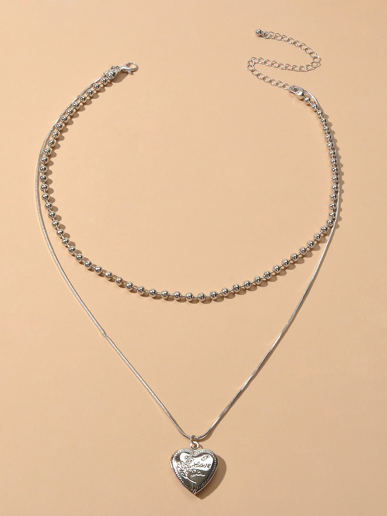Female Jewellery Double layer Silver Multiple Popcorn Chain Heart Charm Necklace-1