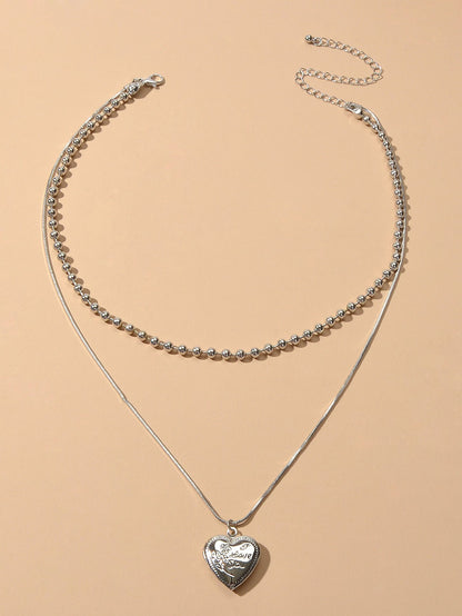 Female Jewellery Double layer Silver Multiple Popcorn Chain Heart Charm Necklace-1