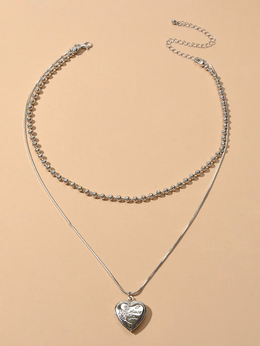 Female Jewellery Double layer Silver Multiple Popcorn Chain Heart Charm Necklace-1