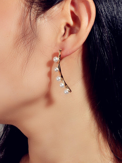 Anniversary Jewellery Pearl Decor Gold Strip Asymmetric Pierced Stud Earrings-1