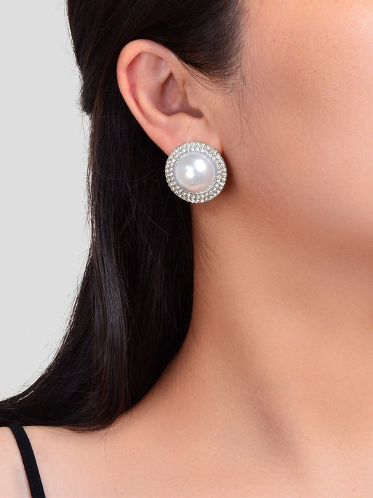 Luxurious Rhinestone Big Pearl Decor Round Stud Earrings Wedding Bridal Jewelry-1