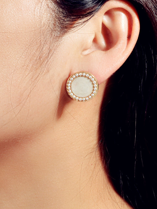 Elegant Pearl Decor Black Enamel Round Stud Earrings Women Dinner Party Jewelry-1