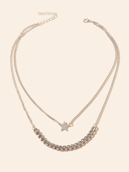 Punk Rock Double layer Silver Chain Star Charm Necklace Women Party Jewellery-1
